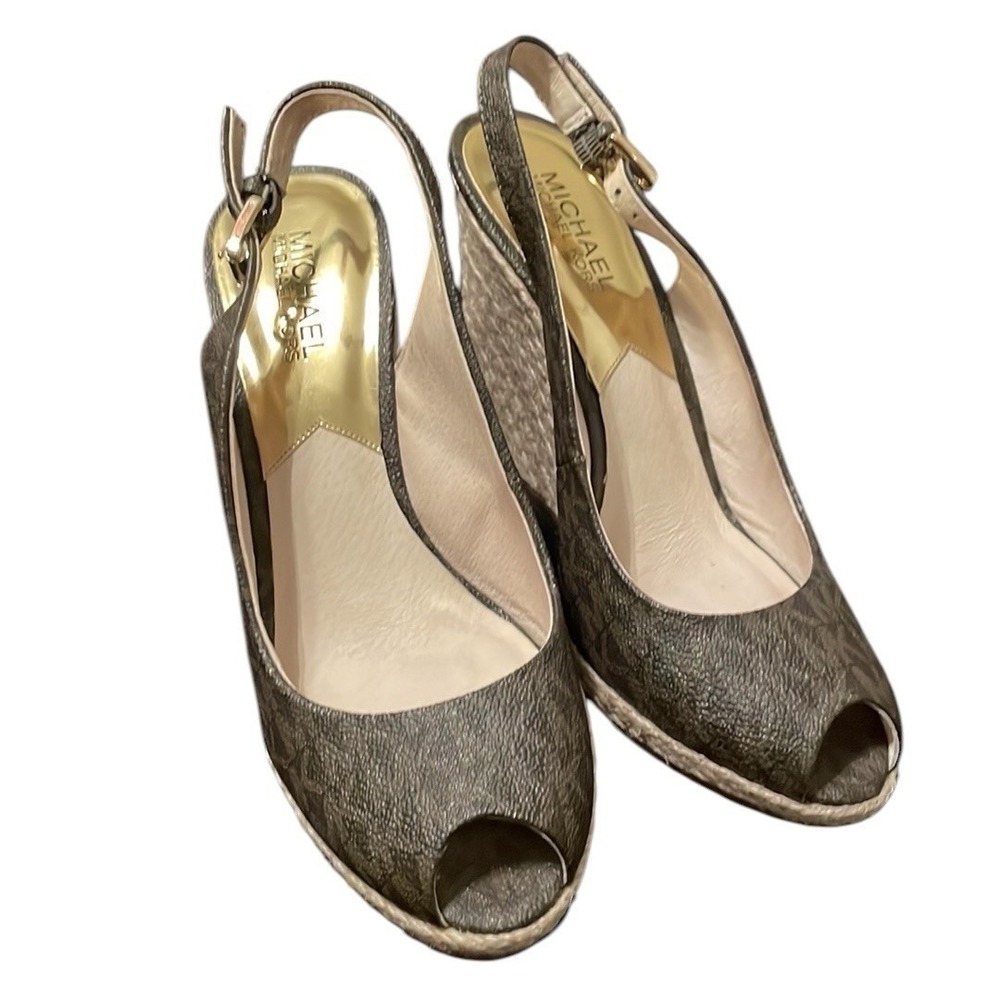 Michael Kors Women's Brown MK Signature PVC Keegan Slingback Wedges‎ Size 8